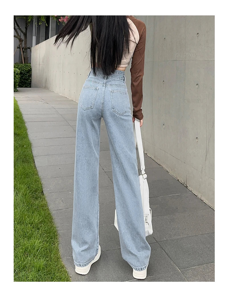 Woman Jeans High Waist Straight Wide Leg Cotton Denim Clothing Blue Streetwear Vintage Fashion  Trousers