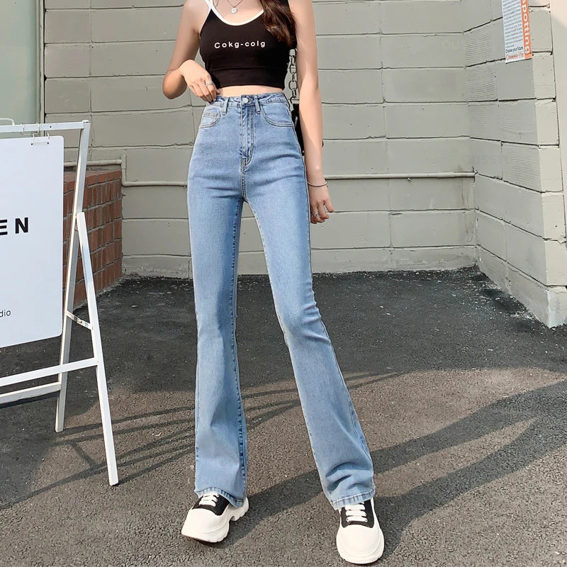 Women Flared Jeans High Waist Cotton Stretch  Wide Leg Denim Casual Pants White Blue Skinny Trousers