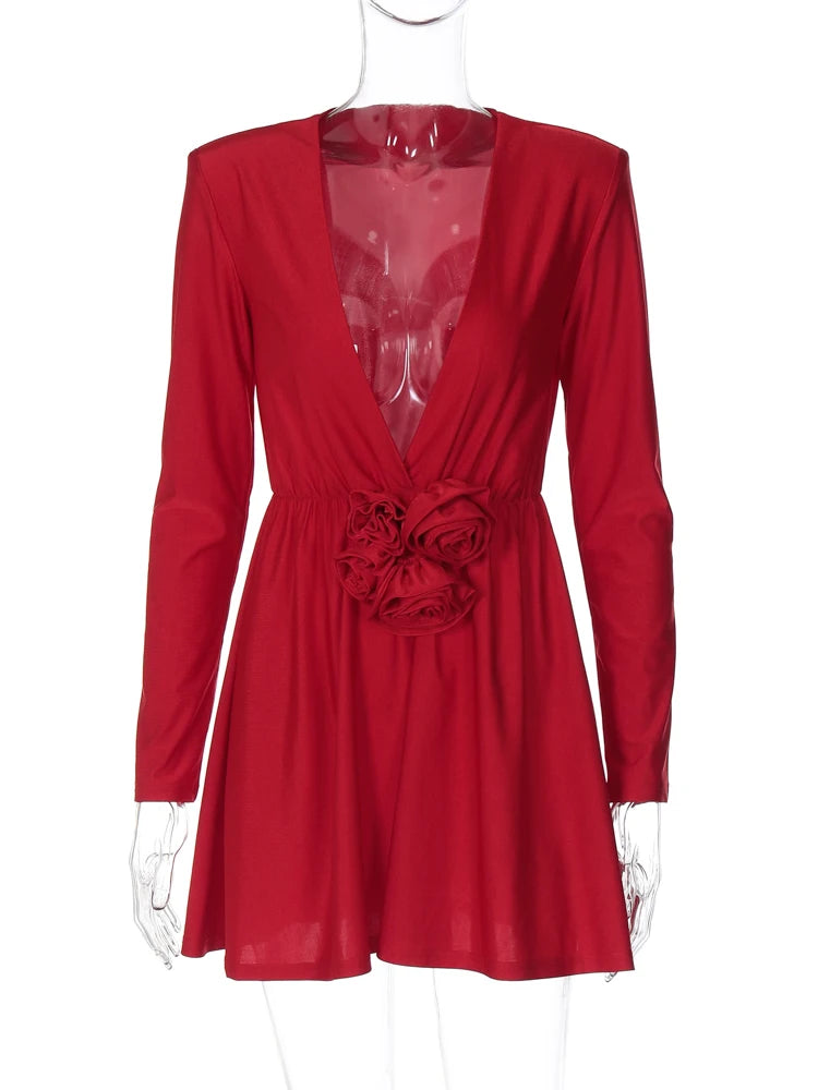 3D Flower Solid Pure Color Long Sleeves Mini Dress