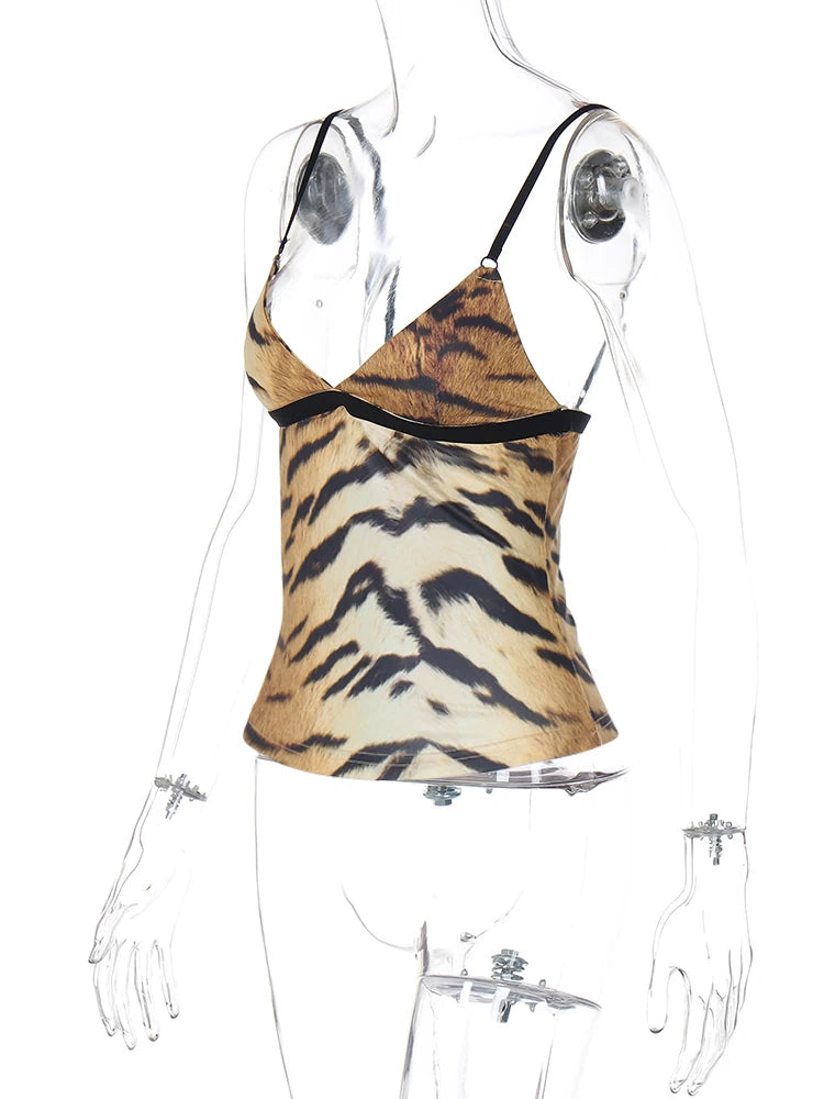 Leopard Print Spaghetti Halter Crop Top Women Party Club Y2K Clothes Tank Top