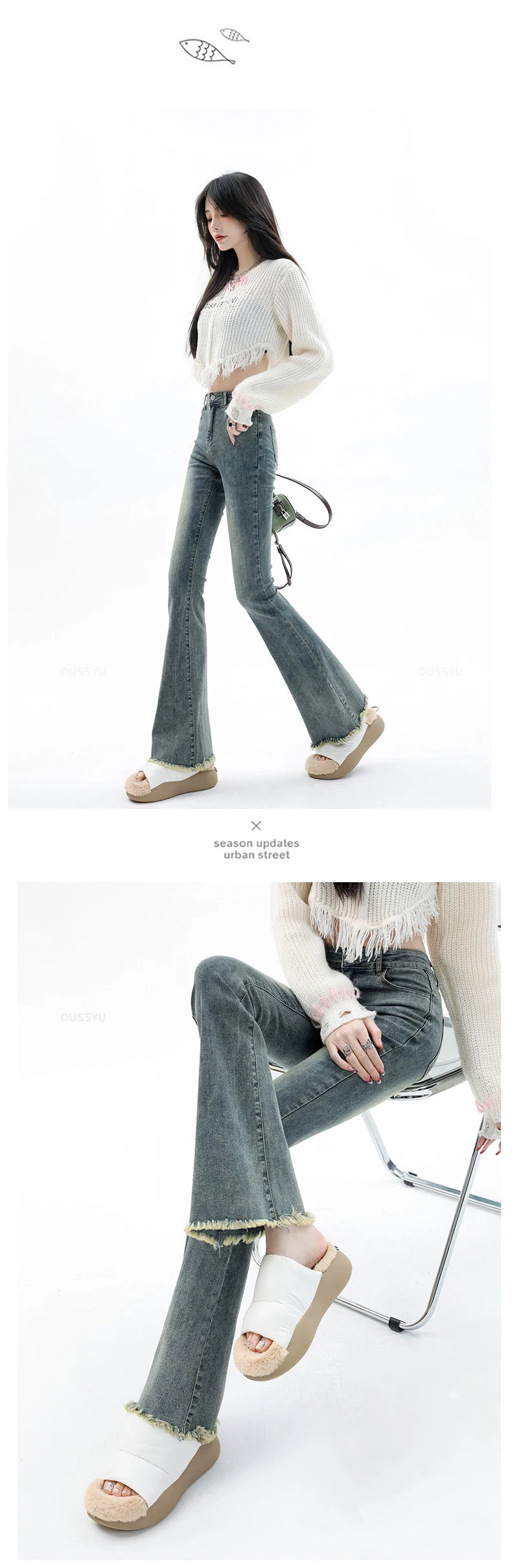 Flared Jeans Women Cotton Vintage Blue Denim Pants Streetwear Elastic High Waist Slim Harajuku Trouser Plus Length