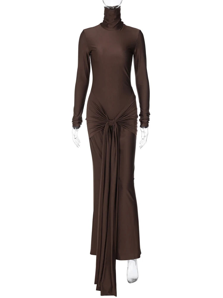 Solid Pure Color Turtleneck Tassels Long Sleeves Maxi Dress