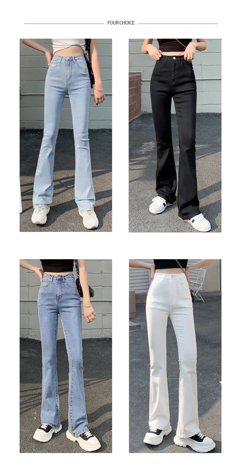 Women Flared Jeans High Waist Cotton Stretch  Wide Leg Denim Casual Pants White Blue Skinny Trousers