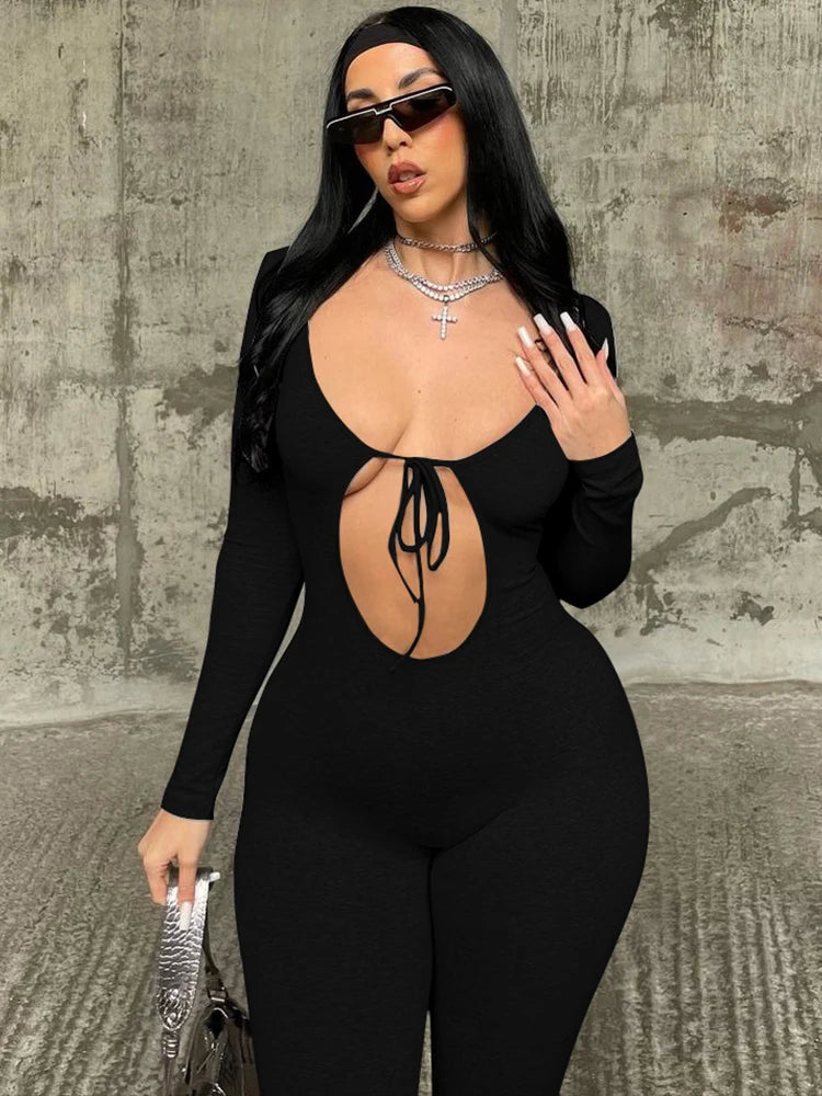 Solid Pure Hole Hollow Out Straps Lace-Up Jumpsuit Long Sleeves  Summer Autumn For Women Sexy Streetwear Wholesale